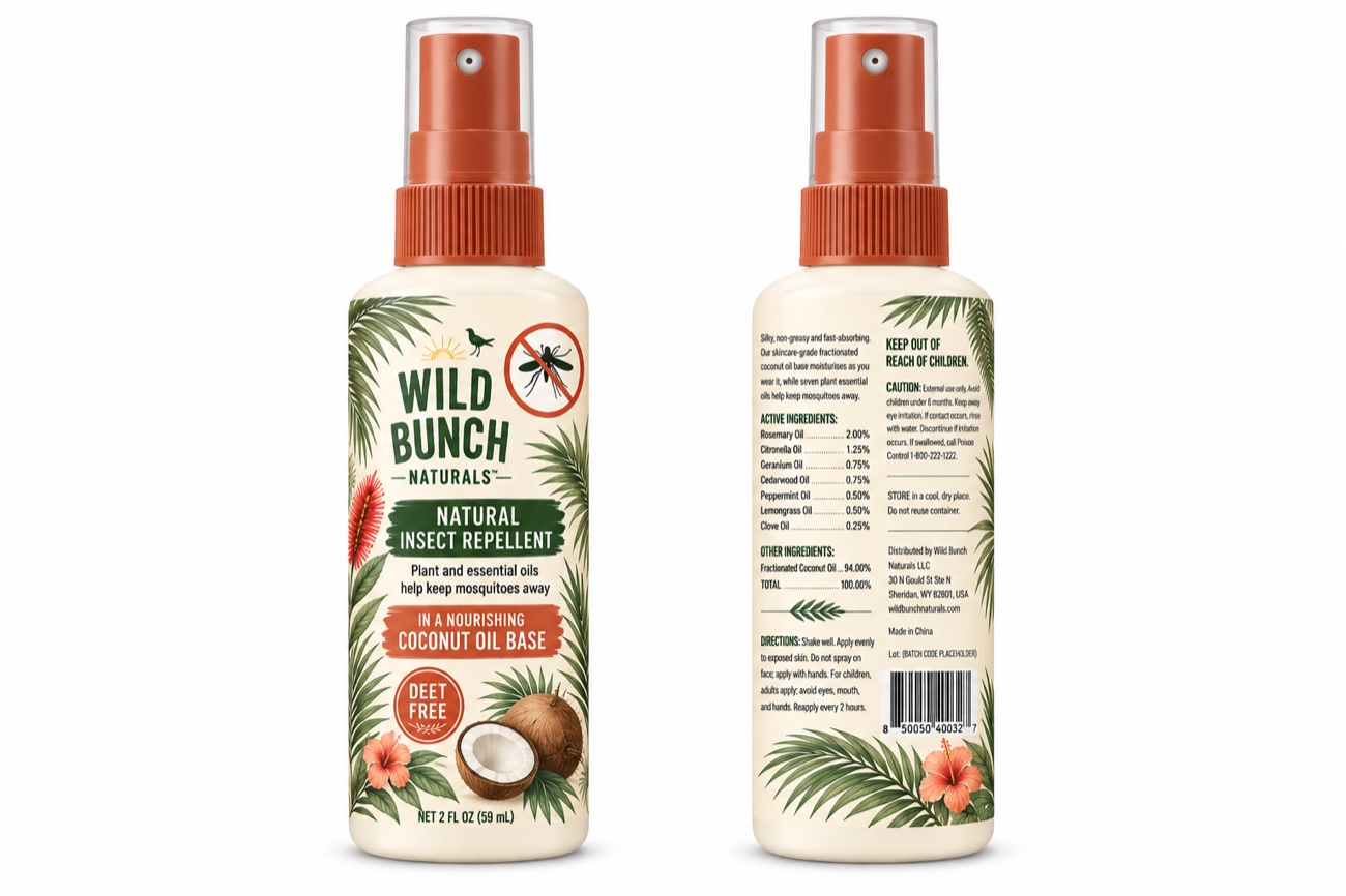 Wild Bunch Naturals Coconut Repellent Spray — coconut oil base, front and back of bottle