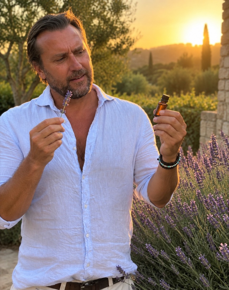 Wild Bunch Naturals founder holding a sprig of lavender in one hand and a bottle of extracted essential oil in the other, in a Provençal garden at sunset
