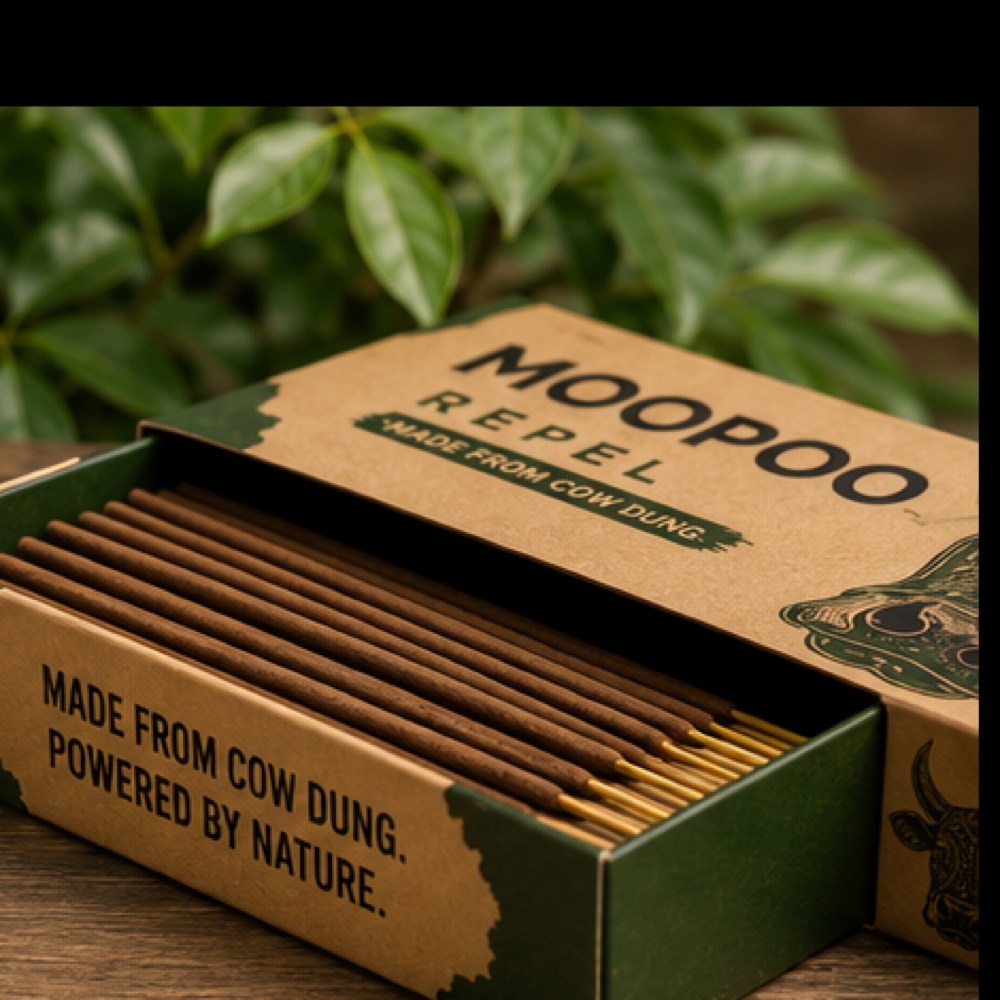 Open MooPoo Repel box with incense sticks, outdoors