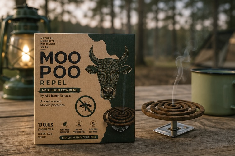 MooPoo Repel coil burning at a campsite